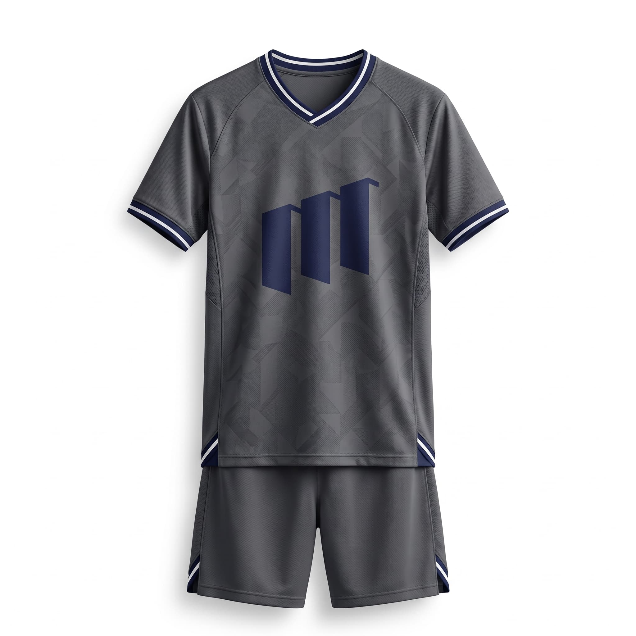 MARC Sports charcoal match jersey and shorts with navy and white trim
